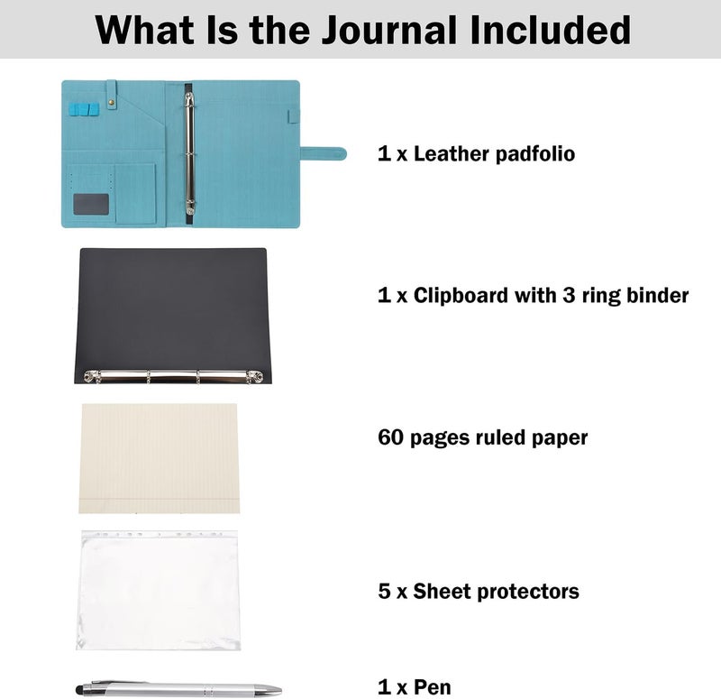 WONDERPOOL A4 PU Leather Portfolio Holder Ring File Document Case with Removable Binder Clipboard, Multi Pocket and Legal Pad for Business Organizer Interview and Meeting (Light Blue) - Image 3